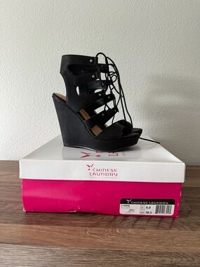 Chinese Laundry Black Lace-Up Cutout Wedge Sandals